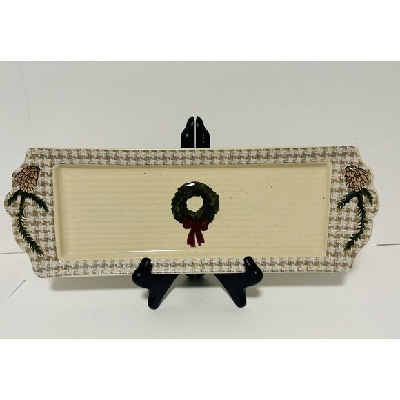 St. Nicholas Square SNOW VALLEY Platter Tray Wreath Pine Houndstooth Trim 16” - Picture 1 of 7